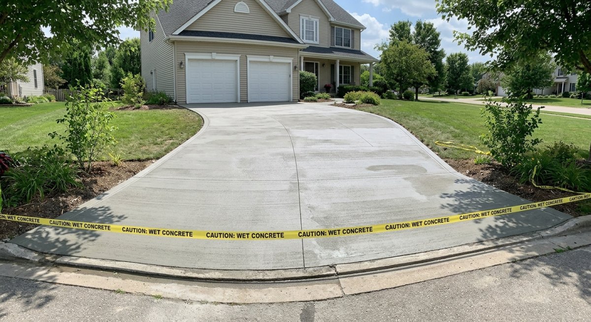 New concrete driveway beside a house, bordered by gray pavers and a black garage door