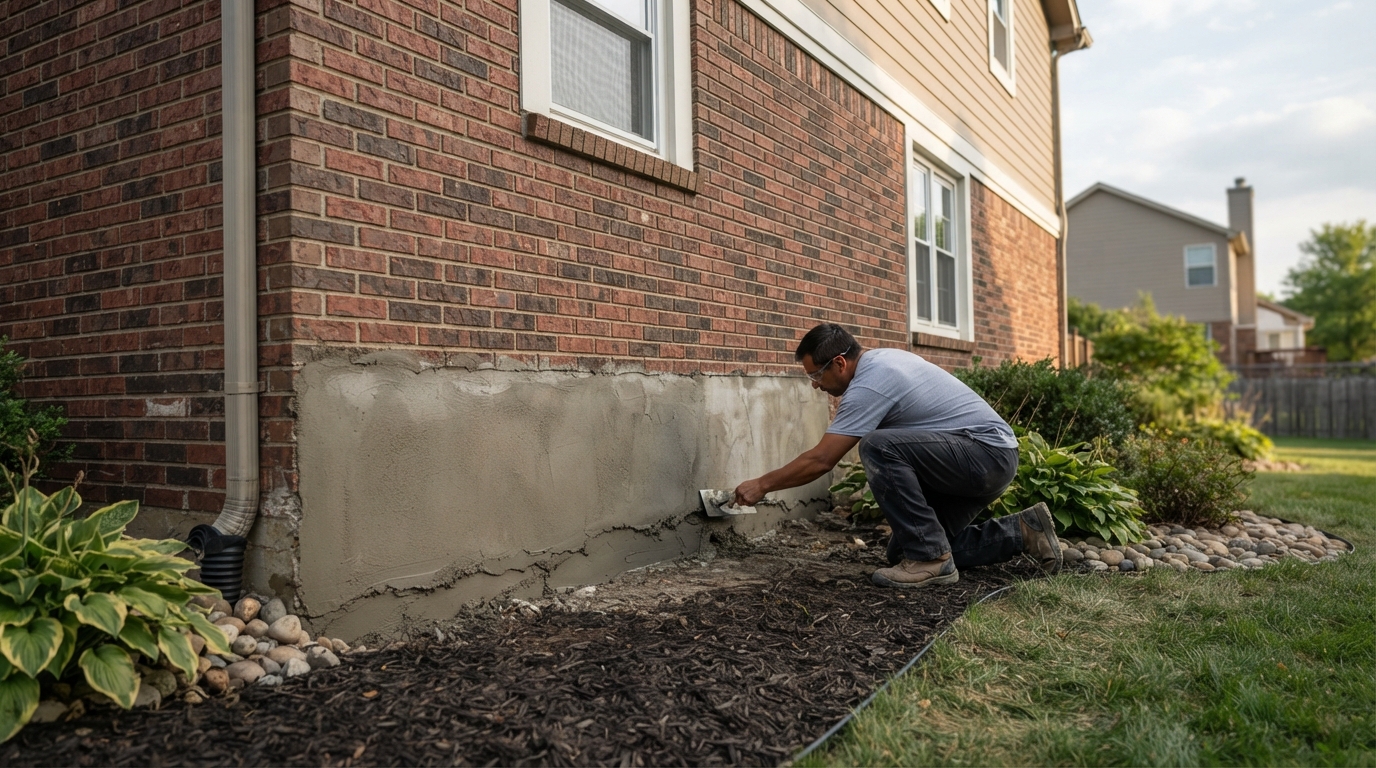 Damaged cinder block retaining wall beside a gray house, with loose debris and exposed soil