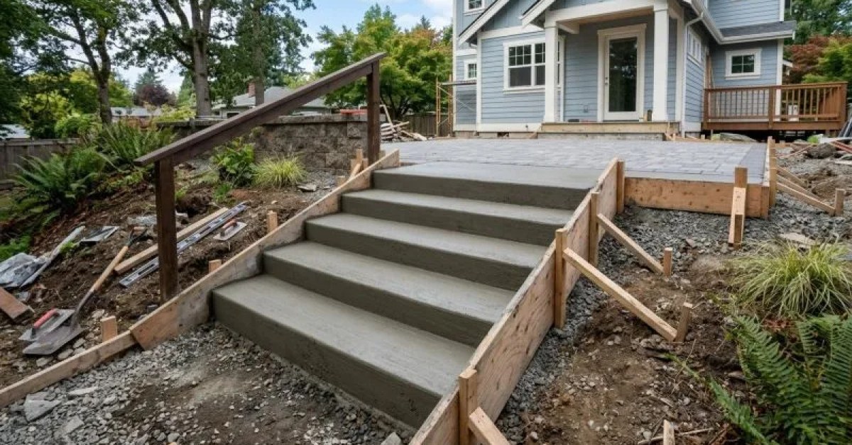 Concrete steps leading to a white door between red brick walls and a turquoise house exterior.