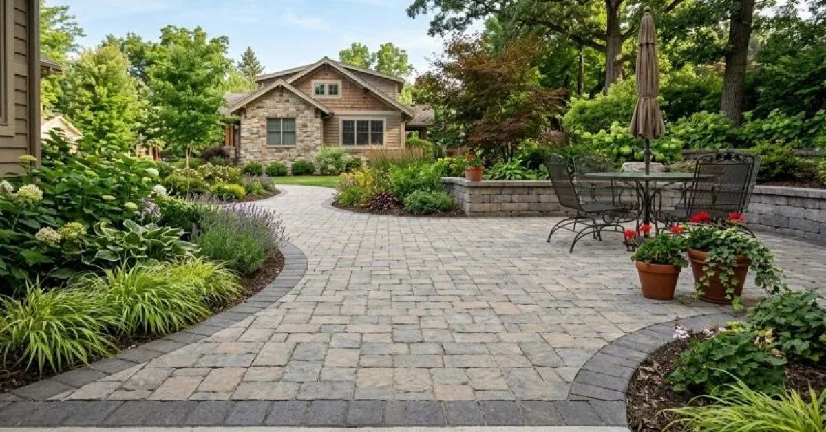 Brick-paved courtyard with a square mosaic pattern and a wheelbarrow in the background
